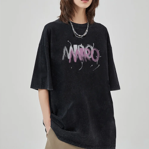 American Graffiti Letter Print T-Shirt – Washed Cotton Oversized Tee for Women