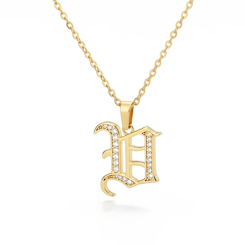 Gothic Zircon Old English Initial Necklace – A–Z Crystal Letter Pendant on Stainless Steel Chain - Image 29