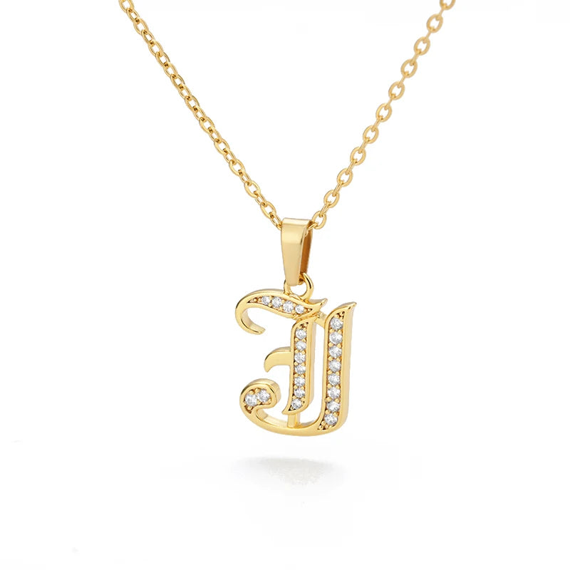 Gothic Zircon Old English Initial Necklace – A–Z Crystal Letter Pendant on Stainless Steel Chain - Image 10
