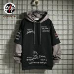 Retro Mock Two-Piece Hooded Sweatshirt – Men’s Fleece-Lined Korean Hip-Hop Hoodie for Spring/Autumn