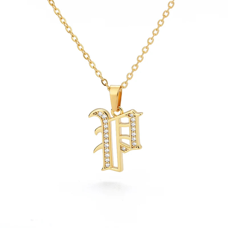 Gothic Zircon Old English Initial Necklace – A–Z Crystal Letter Pendant on Stainless Steel Chain - Image 31