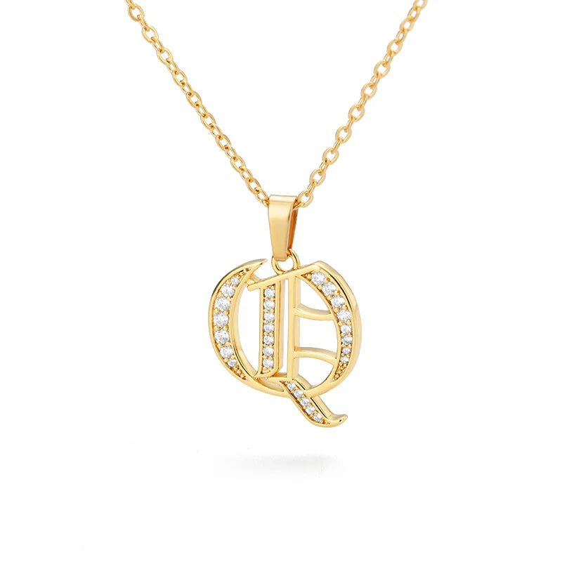 Gothic Zircon Old English Initial Necklace – A–Z Crystal Letter Pendant on Stainless Steel Chain - Image 30