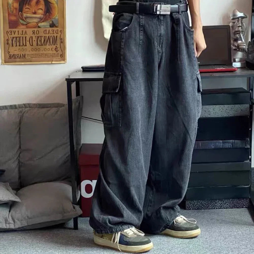 Baggy Jeans Men's Oversize Cargo Korean Black Wide Pants Streetwear Hip Hop Harajuku Male Fashion Straight Denim Pants - Image 2