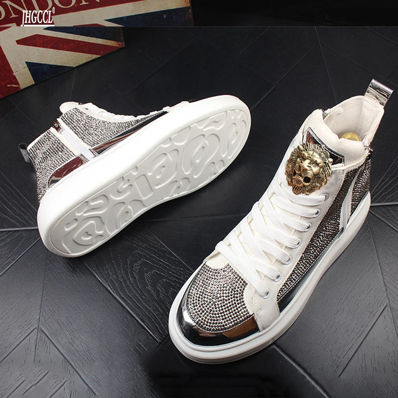 Luxury Rhinestone Men’s High-Top Sneakers – Hip Hop Zipper Boots with Elastic Sole (Model A6) - Image 3