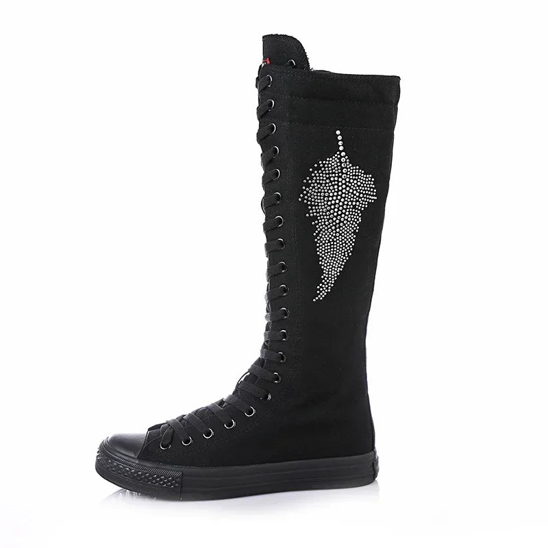High-Top Long Canvas Boots for Women – Lace-Up Zipper Punk Rivet Dance Shoes - Image 3