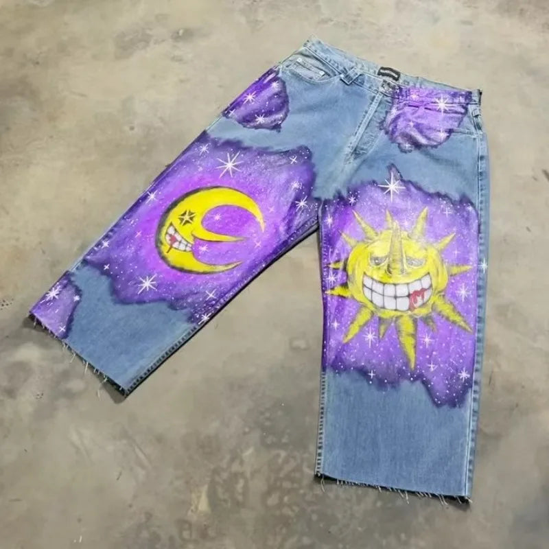 Y2K High Street Goth Harajuku Printed Baggy Jeans – Unisex Wide-Leg High Waist Casual Pants - Image 2