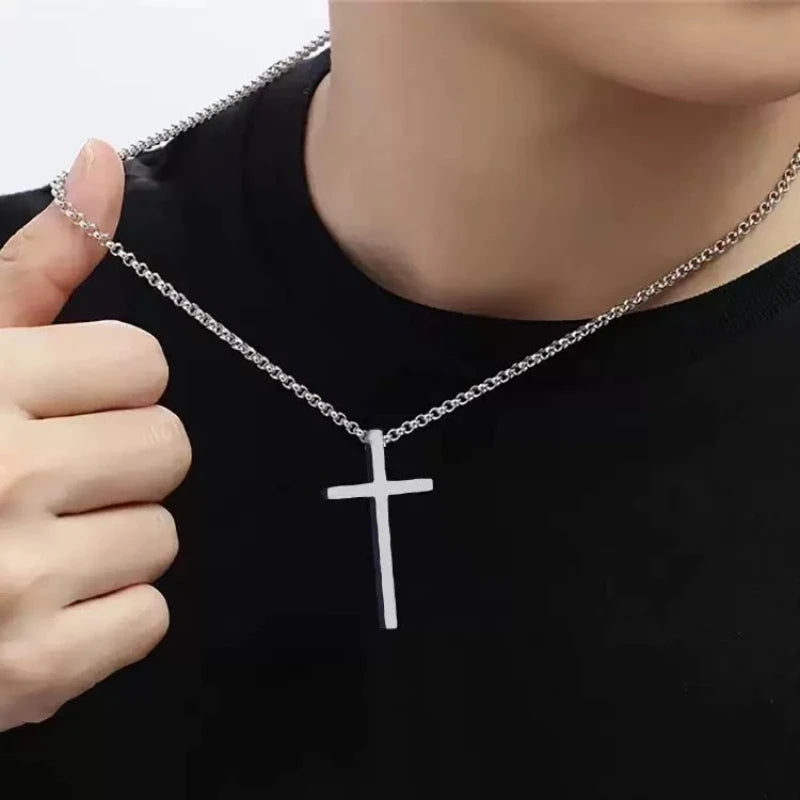 Hip Hop Trend Cross Pendant Necklace – Men's Silver Titanium Steel Chain - Image 5