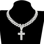 Men & Women Shiny Cross Pendant Necklace with Miami Cuban Chain Link
