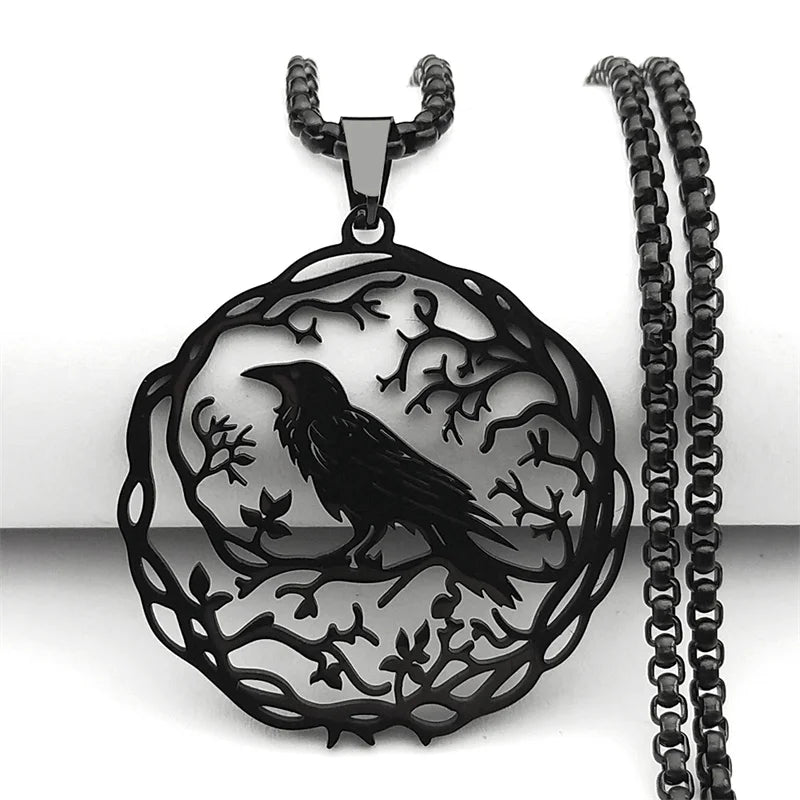 Hollow Crow & Raven Pendant Necklace – Black Stainless Steel Unisex Knight-Inspired Jewelry