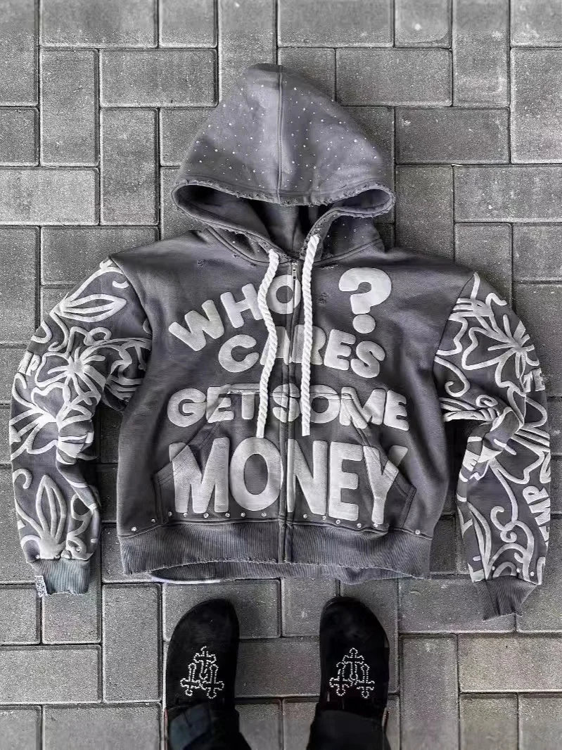 2025 Foam Printed Loose Zipper Hoodie – Unisex Hip-Hop Harajuku Streetwear Sweatshirt - Image 5