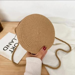 Minimalist Round Straw Crossbody Bag – Vacation-Style Shoulder Purse for Women