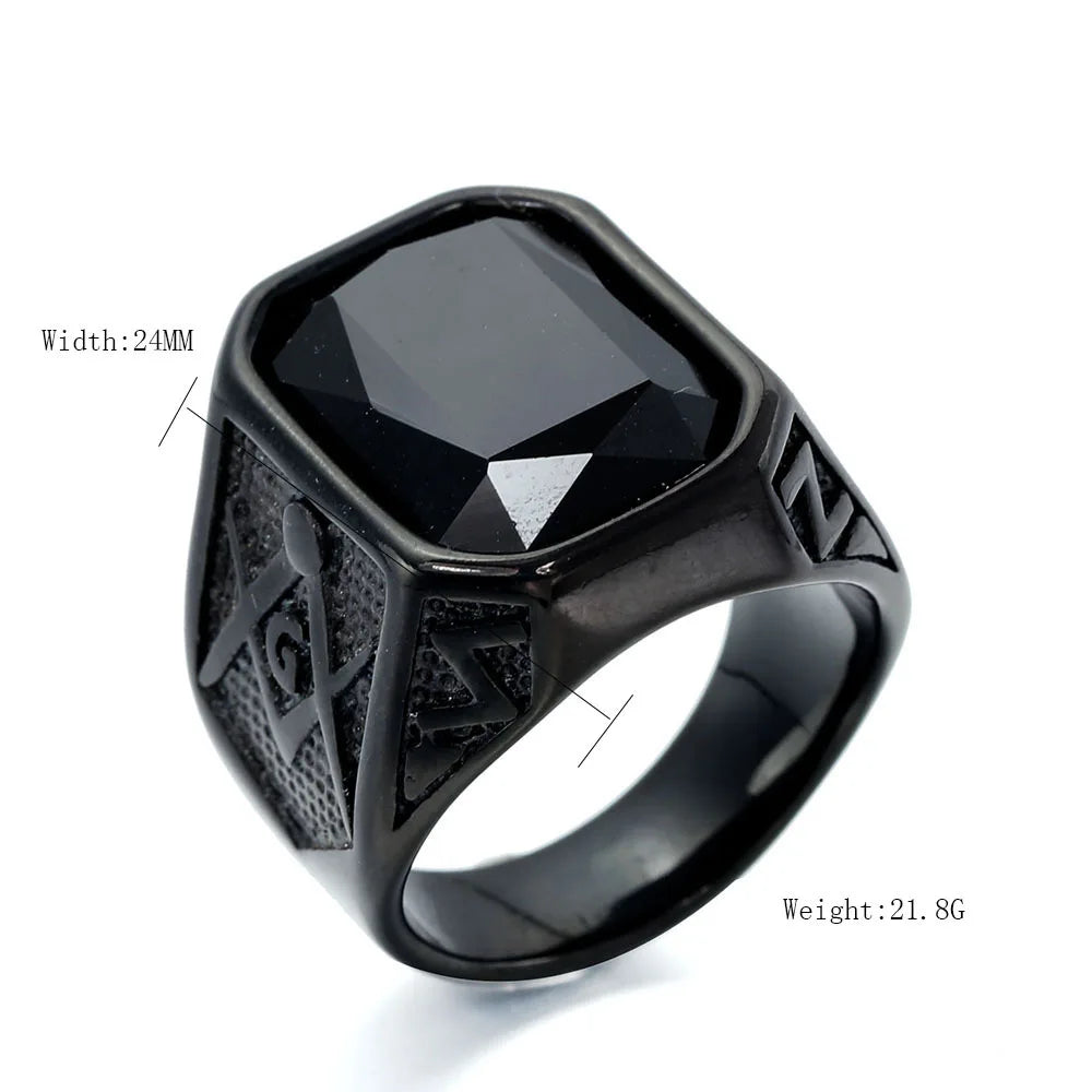 HNSP 316L Stainless Steel Black Stone Crystal Freemas Ring For Men Male Finger Jewelry Accessories Vintage Style 2025 New - Image 2