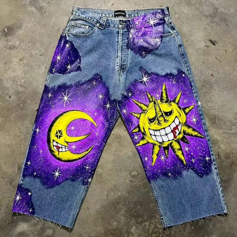 Y2K High Street Goth Harajuku Printed Baggy Jeans – Unisex Wide-Leg High Waist Casual Pants
