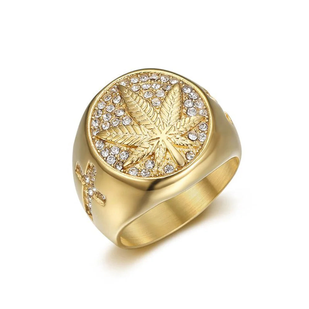 Hip Hop Iced Out Hemp Leaf Ring – Gold Stainless Steel Bling Ring for Men - Image 6