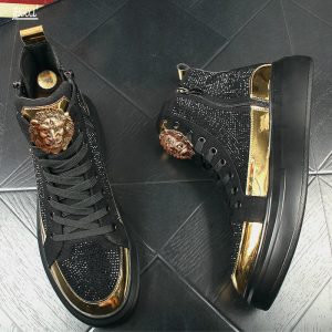 Luxury Rhinestone Men’s High-Top Sneakers – Hip Hop Zipper Boots with Elastic Sole (Model A6)