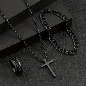 3pcs/Set Punk Black Cross Jewelry – Men's Necklace, Thick Chain Bracelet & Ring Set