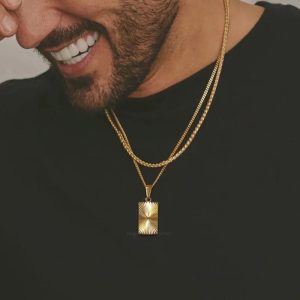 Gold-Plated Sunburst Pendant Necklace – Embossed Rectangle Charm for Men